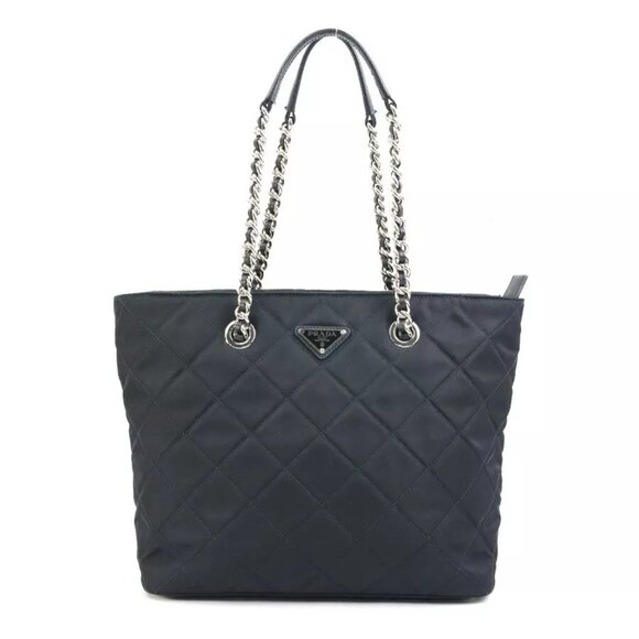 Auth PRADA Quilting Chain Shoulder Bag Black Nylon/Silvertone - Picture 1 of 14